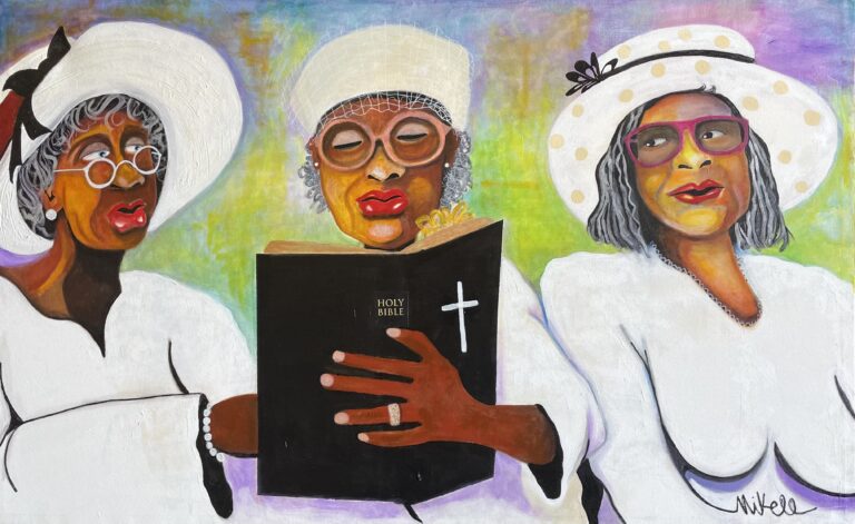 "The Scripture Readers" Acrylic and Collage on Canvas painting by Keith Mikell
