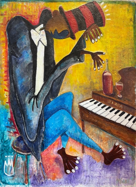 Piano Man artwork by Keith Mikell-acrylic and collage on canvas