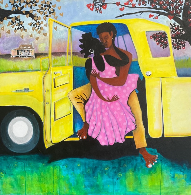"Roadside Romance" romantic Acrylic and Collage artwork on Canvas