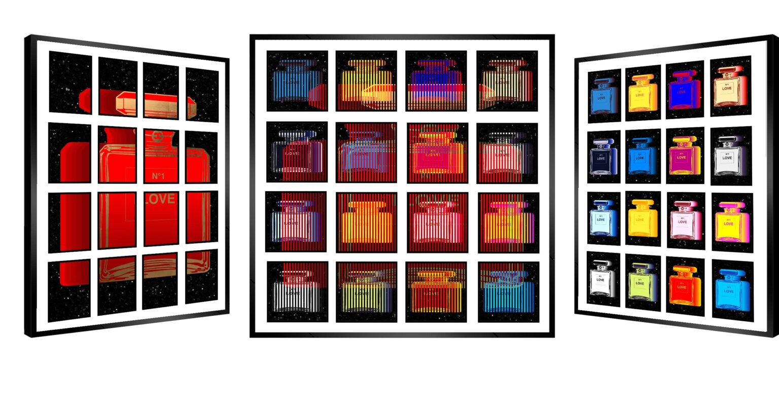 "Fragrance is Love" perfume bottle wall art by Patrick Rubinstein