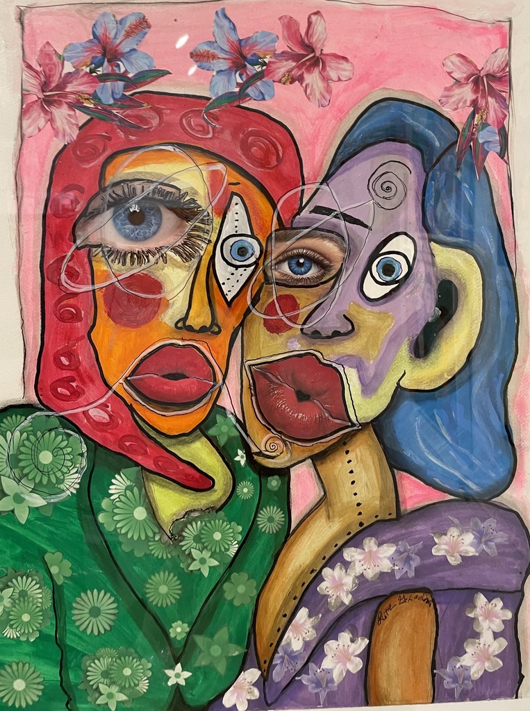 "OPPOSITE FRIENDS" Mixed Media Girl Painting on Paper by Rita Girard-Mikell