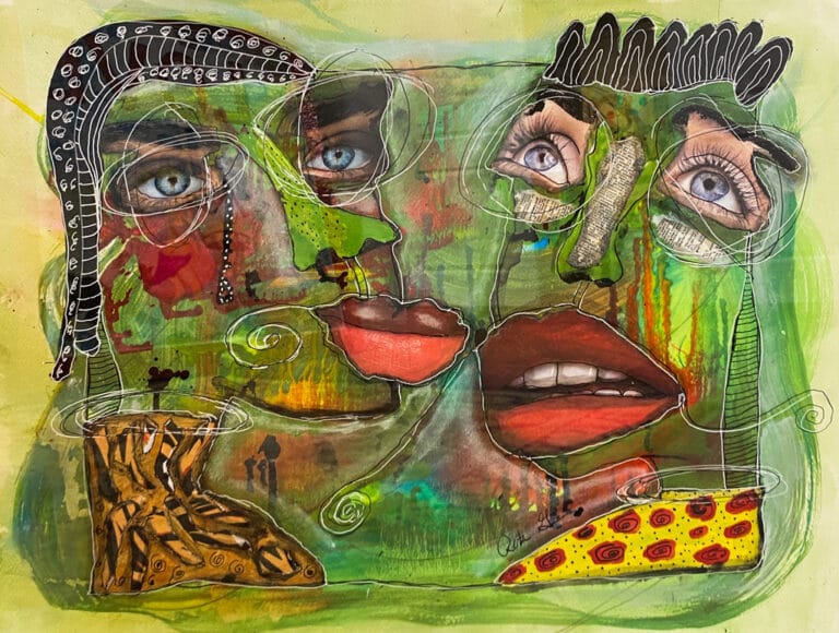 "GREEN FACES" Mixed Media Acrylic Painting by Rita Girard-Mikell