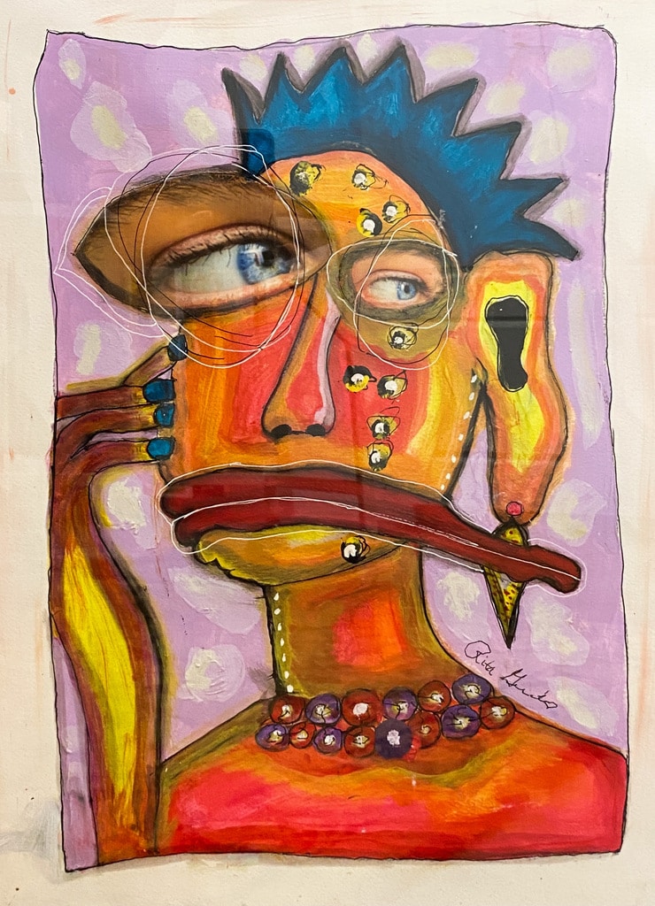 "LONG FACE" mixed media painting on paper by Rita Girard-Mikell