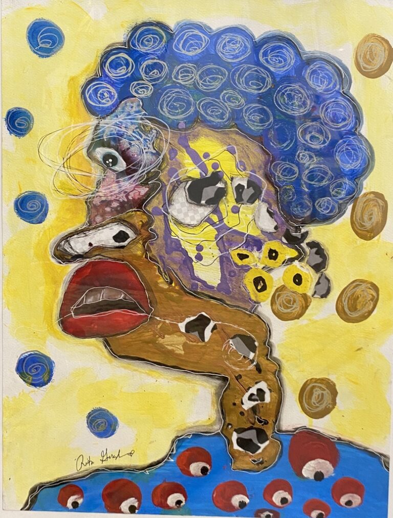 "BLUES CURLS" mixed media painting on paper by Rita Girard-Mikell
