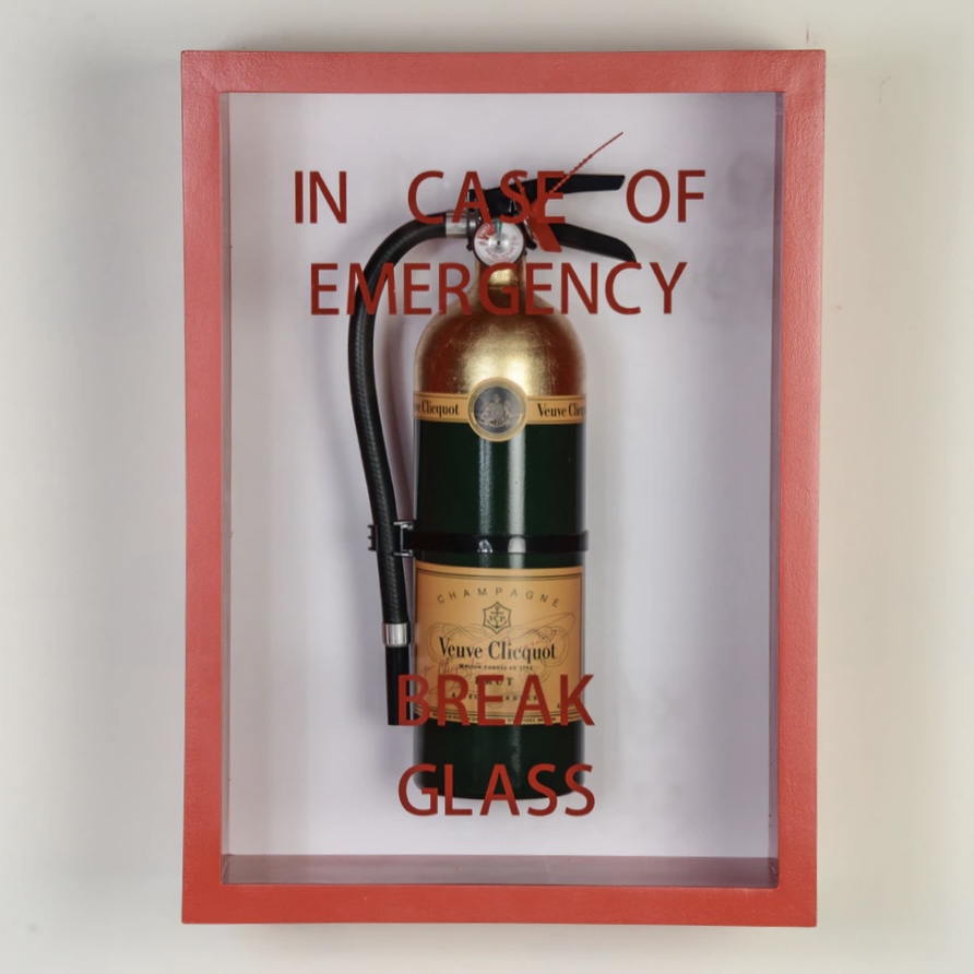 "In Case of Emergency Break Glass" Veuve Clicquot mixed-media sculpture,22″ x 14″ x 8″ by Plastic Jesus