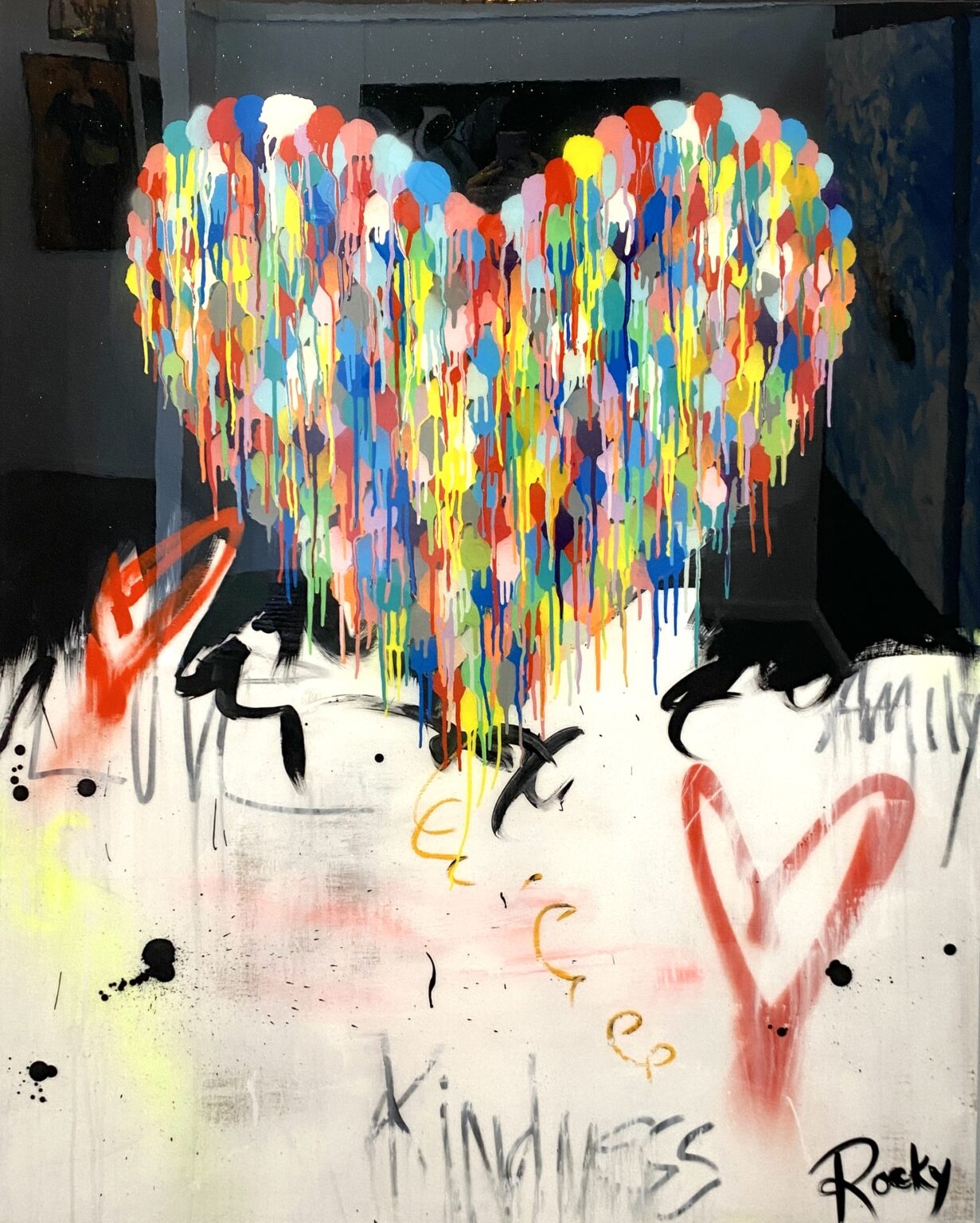 "Love & Kindness" heart acrylic and resin on panel painting by Rocky Asbury