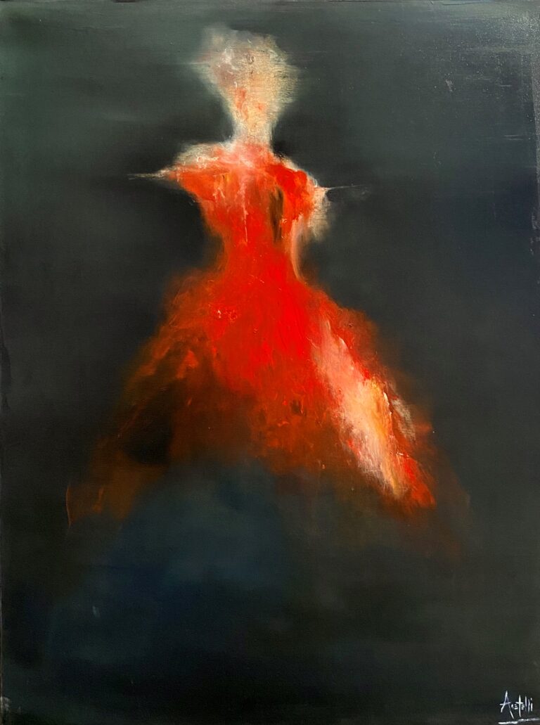 "Bella Voce" lady in red dress abstract oil painting by Mark Acetelli