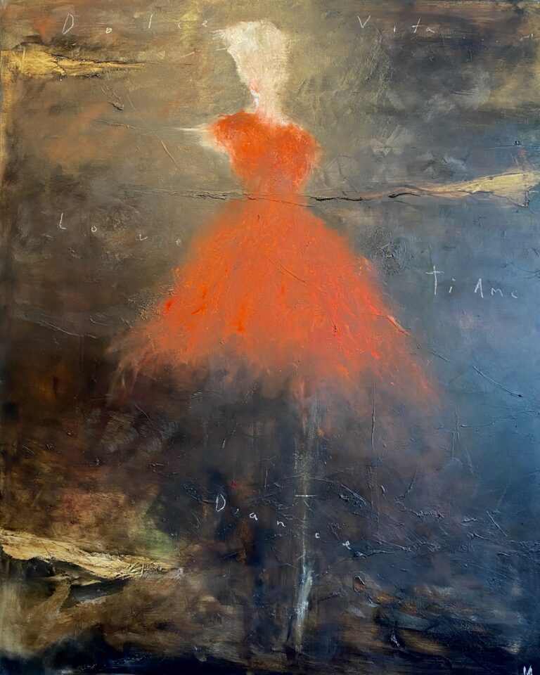 "Ti Amo" abstract woman painting in red dress by Mark Acetelli